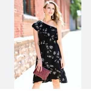 NWT Lucky brand black floral one shoulder ruffle midi dress size  XL